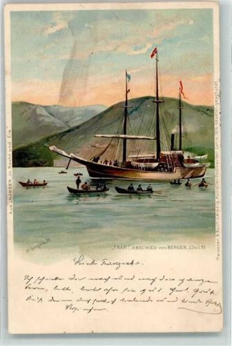 Bergen sign Goldfeld A. Segelschiff Fram Abschied von Bergen Aus Nansen In Nacht und Eis Meissner u. Buch Serie 1016 Expedition Nordpol 1899 Lithographie / Künstlerkarte