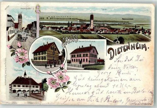 89165 W7905 Dietenheim , Iller 1900 Gebrauchsspuren Marktplatz Postkutsche Forsthaus Neues Schulhaus Rathaus Lithographie