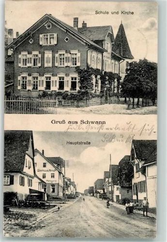 75334 W7541 Schwann 1917 Foto AK Hauptstraße Schule Kirche Gasthaus-Metzgerei