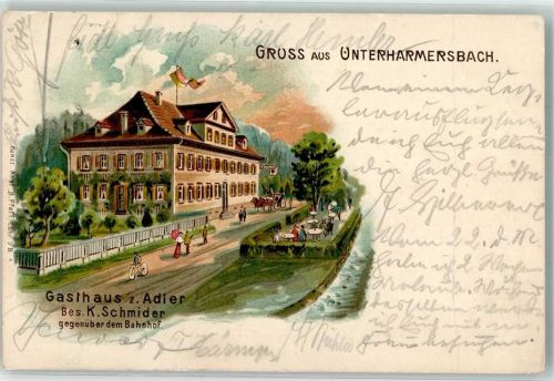 Unterharmersbach 1911 Gasthaus zum Adler Lithographie Einriß