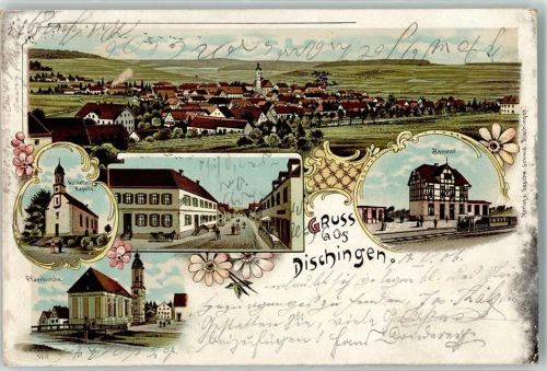 73450 W7925 Dischingen 1906 Lithographie Pfarrkirche Nothelfer Kapelle Bahnhof Dorfstraße