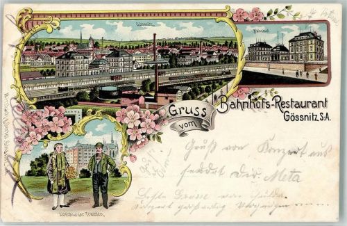 04639 O7422 Gößnitz , Thür 1903 Lithographie Altenburger Trachten Bahnhof Bahnhof-Restaurant Bahnpost Leipzig-Hof Zg. 6005