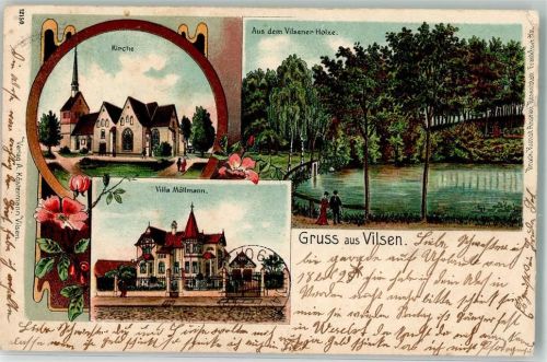 27305 W2814 Bruchhausen-Vilsen 1907 Lithographie Am Vilsener Holze Waldteich Villa Möllmann Kirche