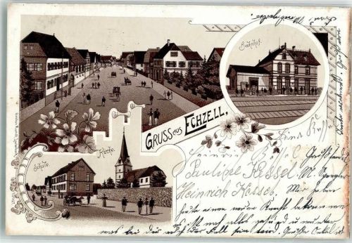 61200 W6363 Echzell 1899 Lithographie Bahnof Schule Kirche Ortsstraße Bahnpost Friedberg- Zg. 1157