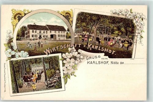 63667 W6478 Nidda Lithographie Gasthaus zum Karlshof Gartenwirtschaft