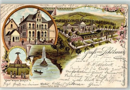 32105 W4902 Schötmar 1899 Lithographie Kaiser Wilhelm-Denkmal Gasthaus Odeon Gasthaus Walhalla Gondeteich Springbrunnen