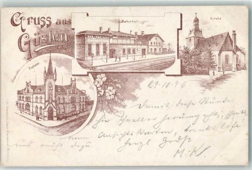 39439 O3256 Güsten , Anh 1896 Gebrauchsspuren Vorläufer Postamt Bahnhof Kirche Bahnpost Aschersleben-Wittenberg Zg. 307 Lithographie