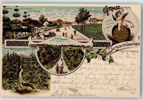 06905 O4603 Bad Schmiedeberg 1903 Gebrauchsspuren Bergschlößchen Engelputo Weinfaß Höllenschlucht Weinschänke Bahnpost Eilenburg-Wittenberg Lithographie