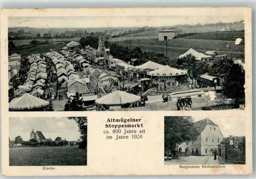 04769 O7263 Mügeln b Oschatz Gebrauchsspuren Volksfest Altmügelner Stoppelmarkt Buden Fahrgeschäfte Gasthaus Bergmann Foto AK