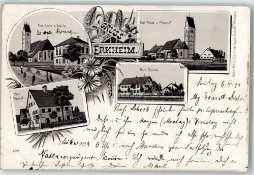 87746 W8941 Erkheim 1899 Lithographie Kath. Kirche Prot. Pfarrhof Kath. Schule Ev. Kirche