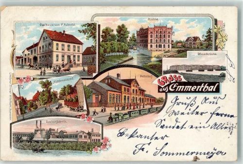 Emmerthal 1899 Zuckerfabrik Gasthaus Potesta Mühlenstraße Bahnhof Mühle Lithographie