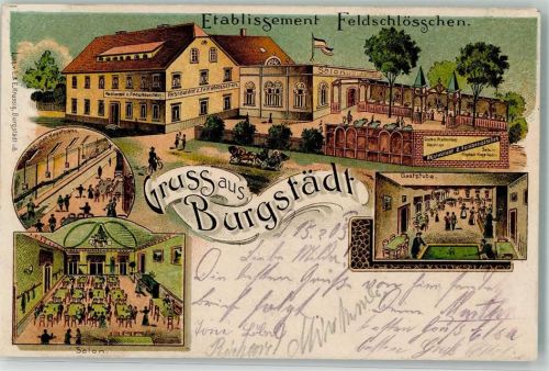 Burgstädt 1903 Etablissement Feldschlößchen Salon Kegelbahn Gaststube Billardtisch