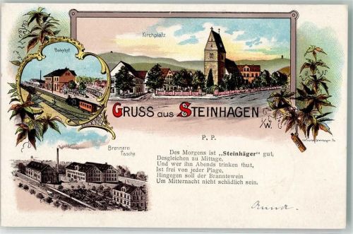 Steinhagen 1900 Steinhäger Bahnhof Kirchplatz Brennerei Tasche Gedicht