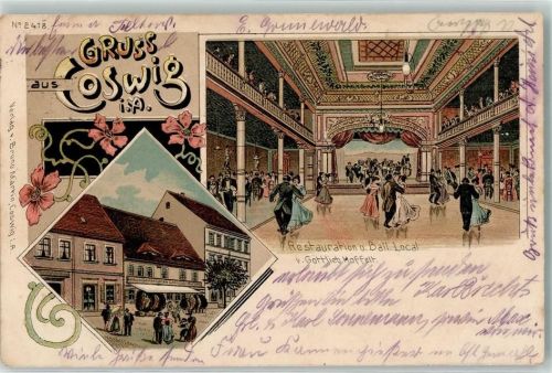 Coswig 1905 Gasthaus Hoffelt Ballsaal Bahnpost Aschersleben-Wittenberg Lithographie