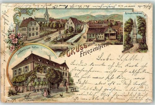 Friesenheim 1899 Dorfstraße Kriegerdenkmal Gasthaus zum Adler Hund Huhn