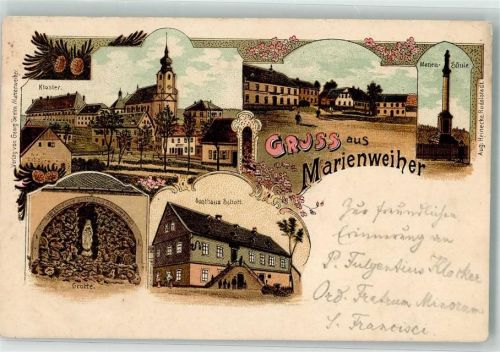 95352 W8651 Marienweiher Lithographie Mariensäule Kloster Klosterkirche Grotte Gasthaus Schott