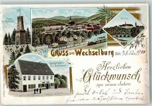 09306 O9295 Wechselburg 1900 Lithographie Brücke Geschäftshaus Zillmann Turm zu Rochlitz Bahnhof