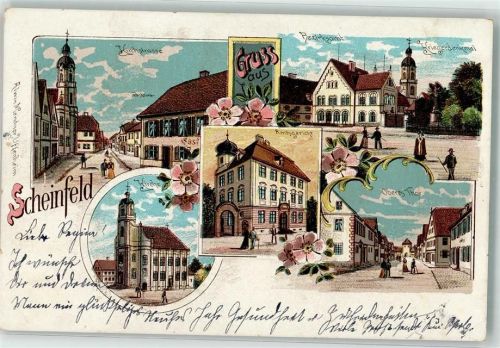 91443 W8533 Scheinfeld Lithographie Amtsgericht Kirchstraße Bezirksamt Kriegerdenkmal Oberes Tor
