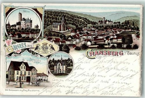 61250 W6390 Kransberg , Taunus 1898 Lithographie Schloß Discher Stiftung Gasthaus zur Burg Cransberg Wappen