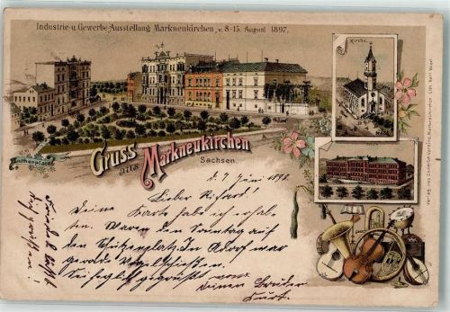 08258 O9659 Markneukirchen 1898 Lithographie Industrie & Gewerbeausstellung 1897 Lutherplatz Schule Kirche Musikinstrumente