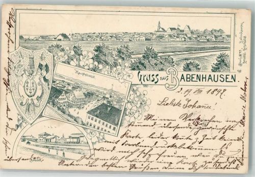 87727 W8943 Babenhausen , Schwab 1897 Lithographie Vorläufer Wappen Hauptstraße Bahnhof