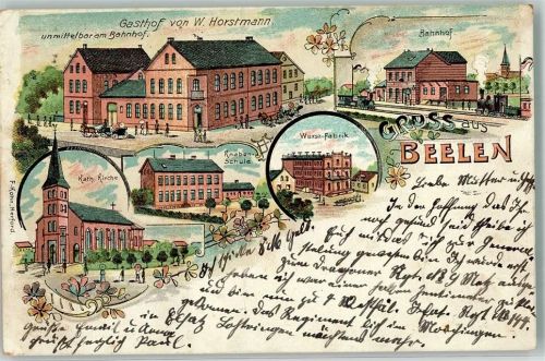 Beelen 1900 Gasthaus Horstmann Kath. Kirche Knabenschule Bahnhof Wurstfabrik Vignette später auf geklebt nicht von uns