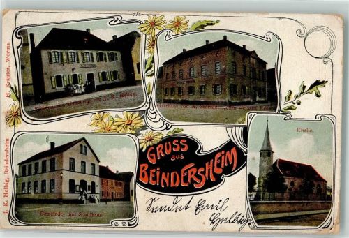 Beindersheim 1907 Bäckerei Helbig Gasthaus zum weissen Ross Gemeinde- und Schulhaus