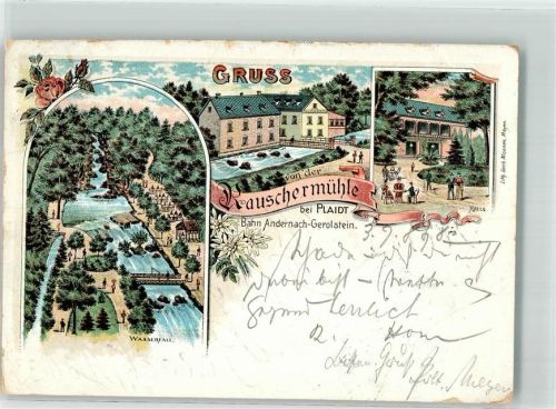 56637 W5472 Plaidt 1898 Lithographie Gasthaus Rauschermühle Halle Wasserfall Rosenknospe