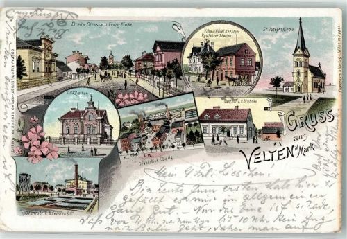 16727 O1420 Velten 1899 Lithographie Breite Straße Ev. Kirche Villa Ziethen Ofenfabrik Kersten Radfahrer Station Gasthaus Stehnke
