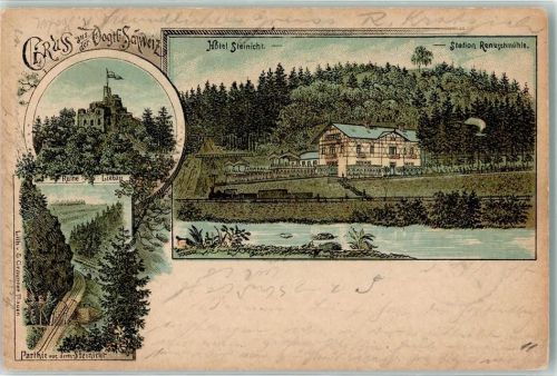 07985 O6603 Elsterberg , Vogtl 1897 Lithographie Vorläufer Hotel Steinicht StationRentzschmühle Ruine Liebau Bahnlinie