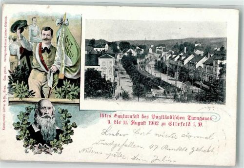 08236 O9703 Ellefeld 1902 - 16. Gauturnfest d. Vogtländ. Turngaus 1902 Fahnenträger Portrait Turnvater Jahn