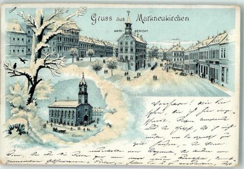 08258 O9659 Markneukirchen 1898 Winterlithographie Amtsgericht Kirche Pferdeschlitten sig K. Vogel mit Glimmerauflage