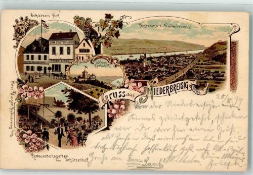 53498 W5484 Niederbreisig 1899 Lithographie Gasthaus zum Schützenhof Restaurantgarten Rhein Schloß Rheineck Bahnpost Köln