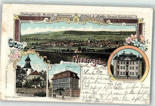 Niedergebra 1903 Kirche Rorner Hof Blauer Hof Bahnpoststempel