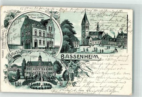 56220 W5401 Bassenheim 1907 Lithographie Gasthaus zur Post Schloß Neue Kirche