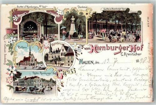 14641 O1550 Nauen , Havelland 1898 Lithographie Gasthaus Hamburger Hof Garten Denkmal Kreishaus Rathaus