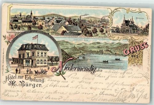Niedermendig 1902 Hotel zur Erholung Bahnhof Laacher See beschnitten Lithographie