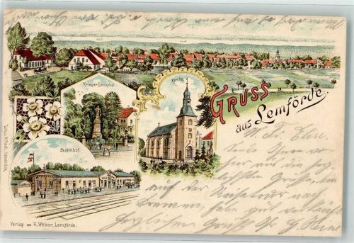 49448 W2844 Lemförde 1900 Lithographie Kirche Bahnhof Kriegerdenkmal