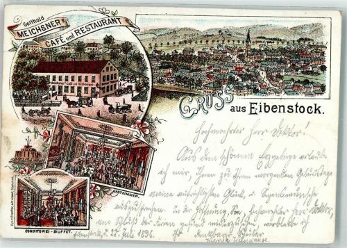 Eibenstock 1896 Vorläufer Gasthaus-Cafe Meichsner Gastraum Konditorei-Buffet Lithographie beschnitten