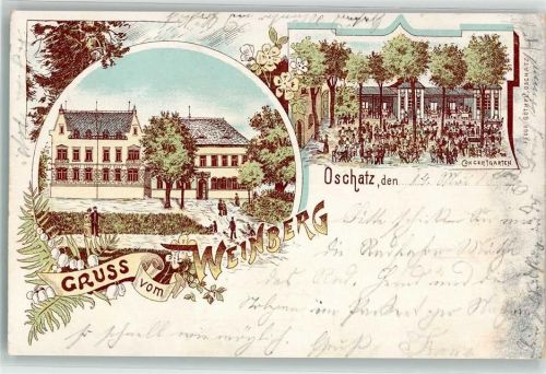 04758 O7260 Oschatz 1899 Lithographie Gasthaus Weinberg Konzertgarten