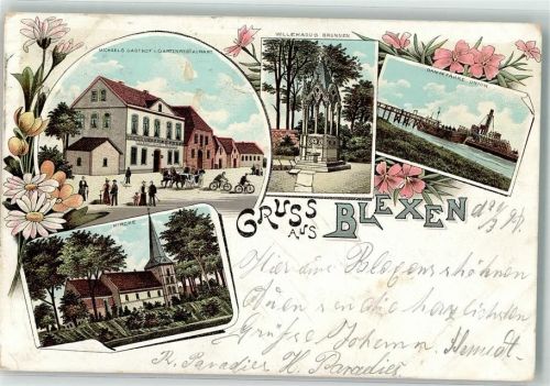 26954 W2890 Blexen 1898 Lithographie Gasthaus Michaels Willehadus-Brunnen Dampffähre Union