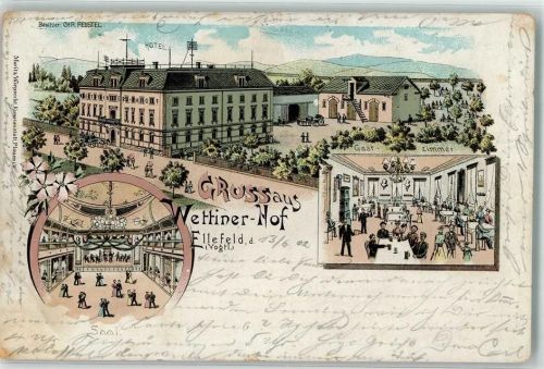 08236 O9703 Ellefeld 1902 Lithographie Hotel Wettiner Hof Ballsaal Gaststube