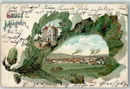 04769 O7263 Mügeln b Oschatz 1902 Lithographie Eichenblatt Eichel Kaiserl. Postamt