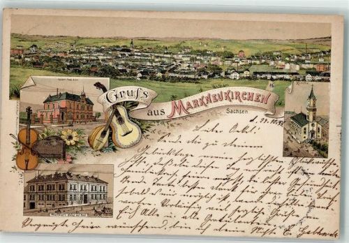 08258 O9659 Markneukirchen 1898 Lithographie Kaiserl. Postamt Hotel Wurlitzer Musikinstrumente