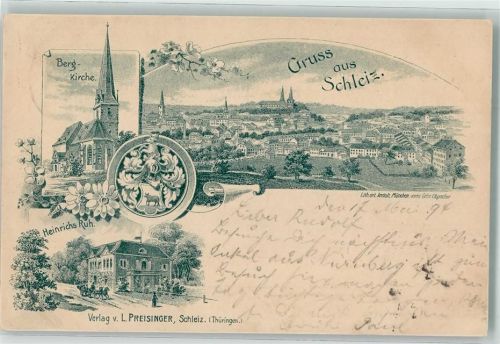 Schleiz 1894 Vorläufer Druck um 1880-89 Bergkirche Gasthaus Heinrichs Ruh Wappen Bahnpost Schönberg-Schleiz Zg. 1477