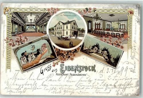 Eibenstock 1899 Restaurant Theater Ball-Lokal Feldschlößchen Speisesaal Konzerthalle Bahnpost Chemnitz - Adorf
