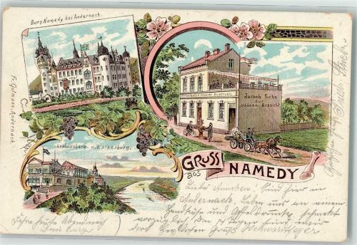 56626 W5470 Namedy 1905 Lithographie Burg Namedy Gasthaus zur schönen Aussicht Kaiserburg