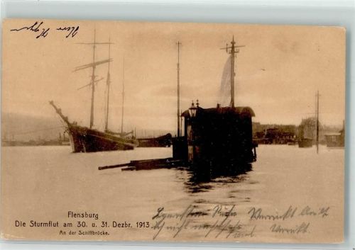 Flensburg Sturmflut 30./31. Dezember 1913 An der Schiffbrücke Frachtschiff Feldpoststempel