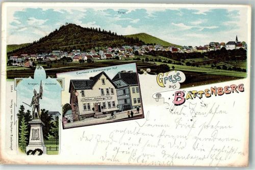 35088 W3559 Battenberg Eder Lithographie Krieger-Denkmal Gasthaus zum Battenberger Hof