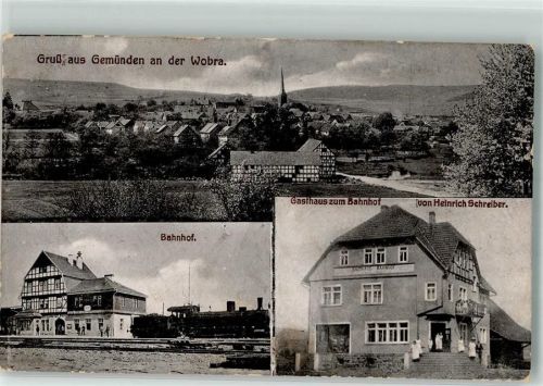 35285 W3573 Gemünden Wohra Foto AK Bahnhof Dampflokomotive Gasthaus zum Bahnhof